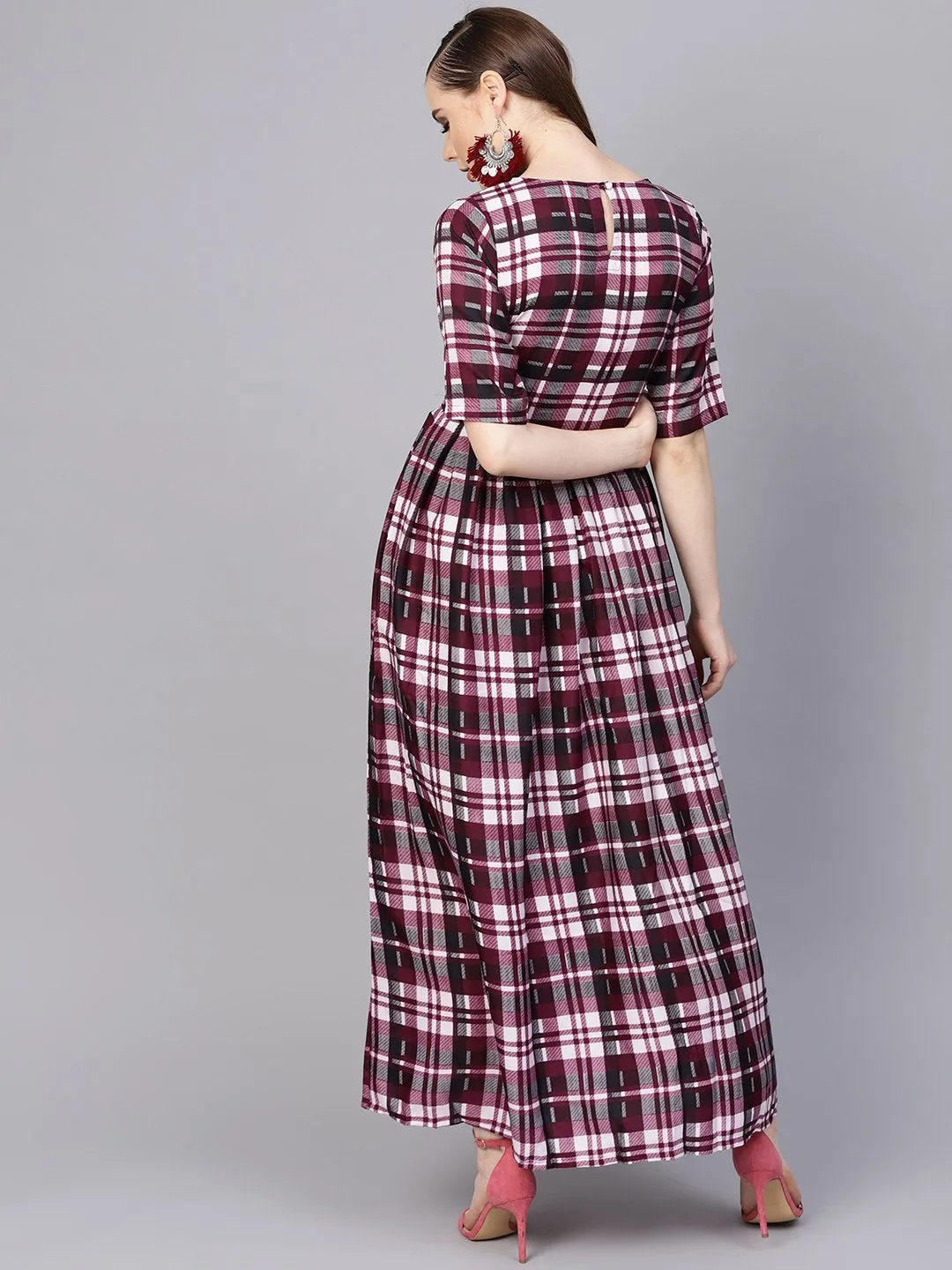 Purple Check Printed Half Sleeve Maxi Dress