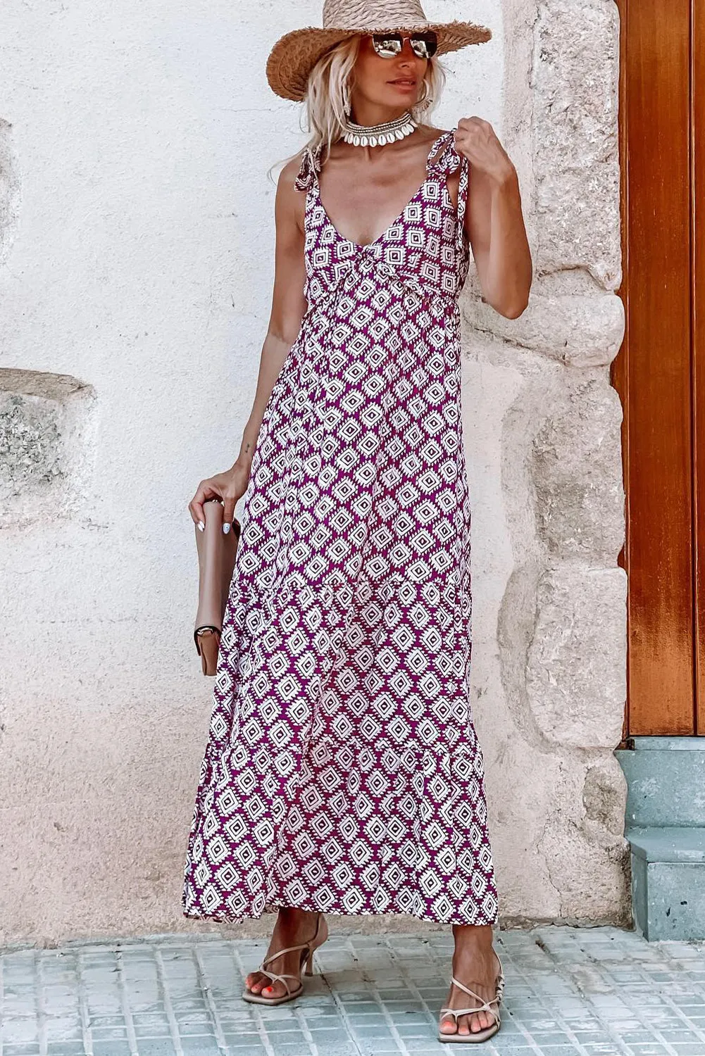 Purple Geometric Print Knotted Straps V Neck Maxi Dress