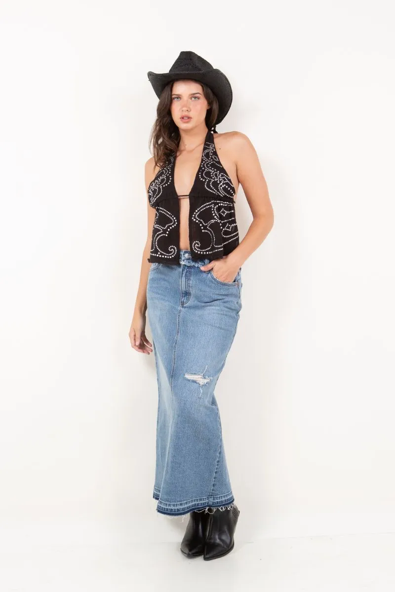 Raven Denim Maxi Skirt Frayed Waistband w/ Slit Detail