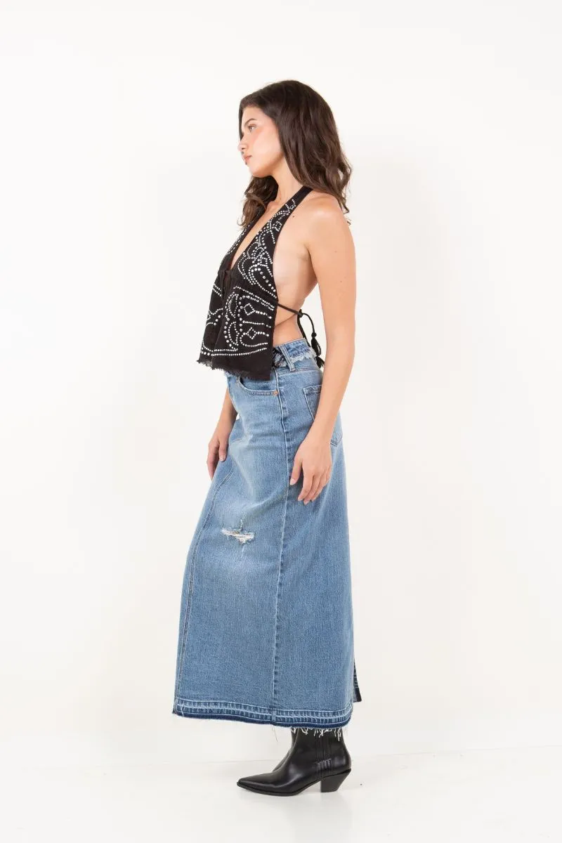 Raven Denim Maxi Skirt Frayed Waistband w/ Slit Detail