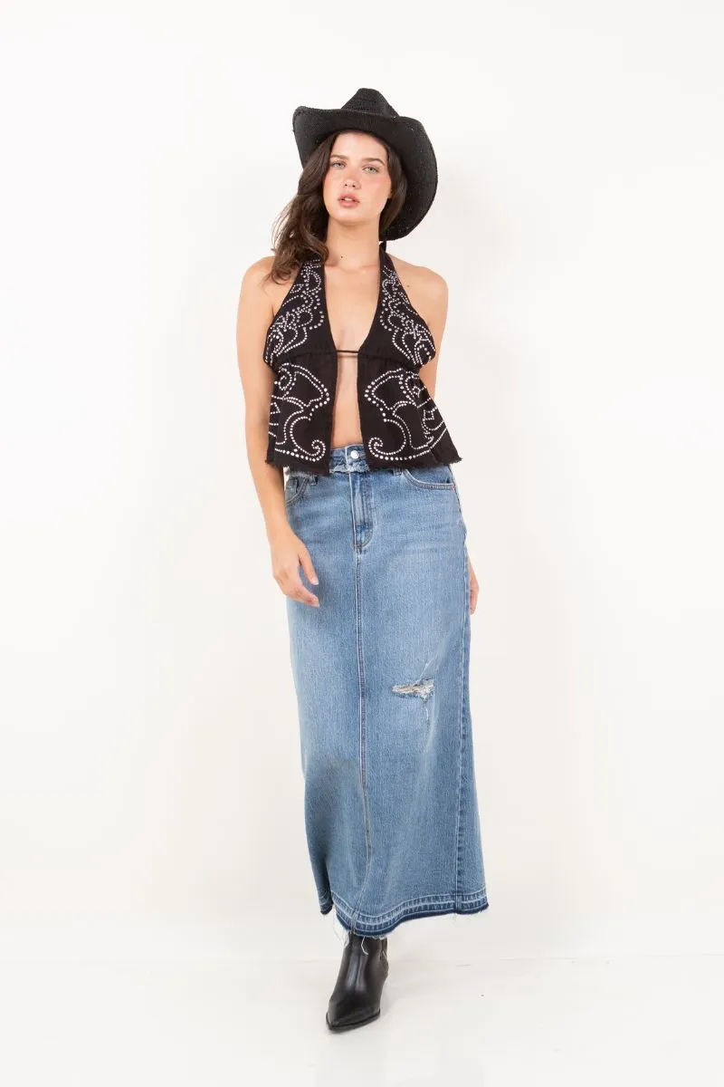 Raven Denim Maxi Skirt Frayed Waistband w/ Slit Detail