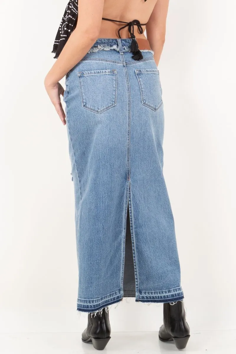 Raven Denim Maxi Skirt Frayed Waistband w/ Slit Detail