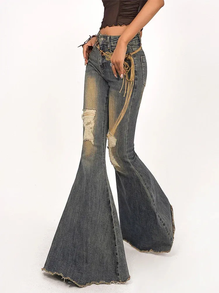 Retro Wide-legged Women's Bell-bottoms Denim Pants from Korea