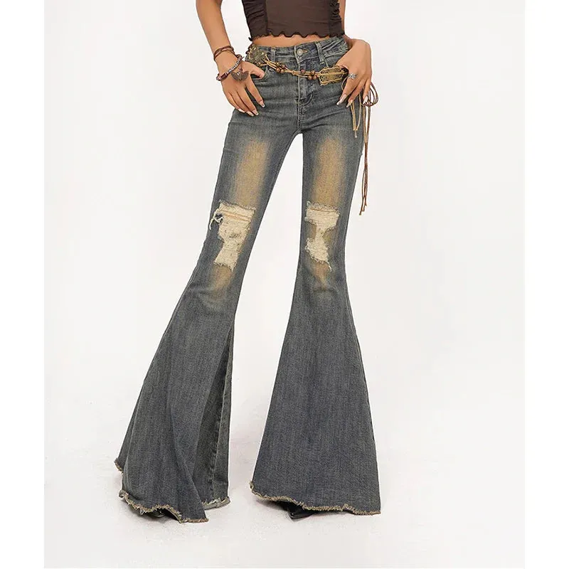 Retro Wide-legged Women's Bell-bottoms Denim Pants from Korea