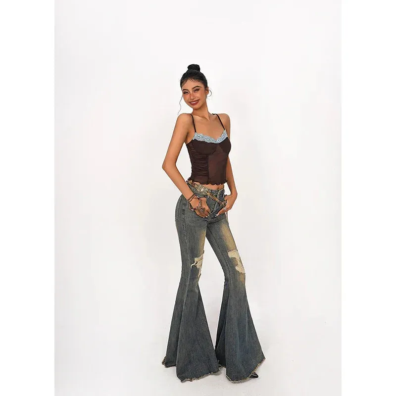 Retro Wide-legged Women's Bell-bottoms Denim Pants from Korea