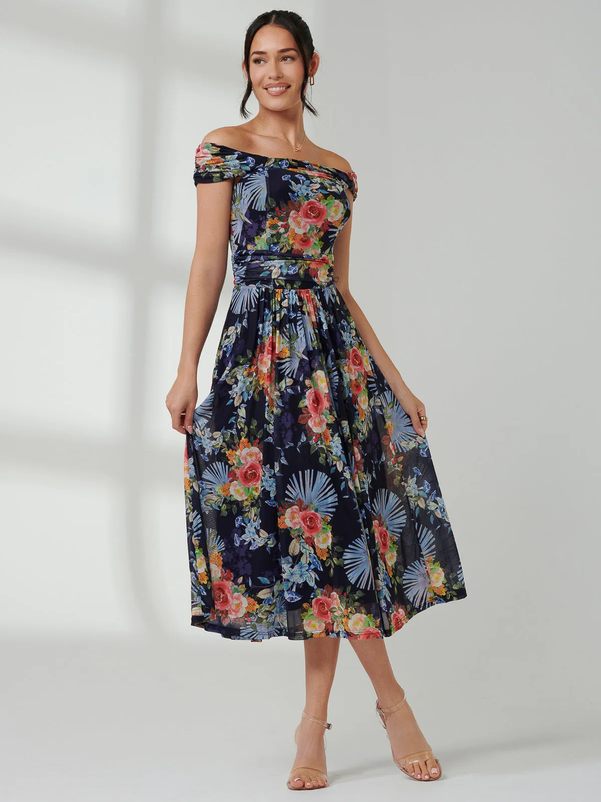 Rezka Off Shoulder Mesh Midi Dress, Navy Floral