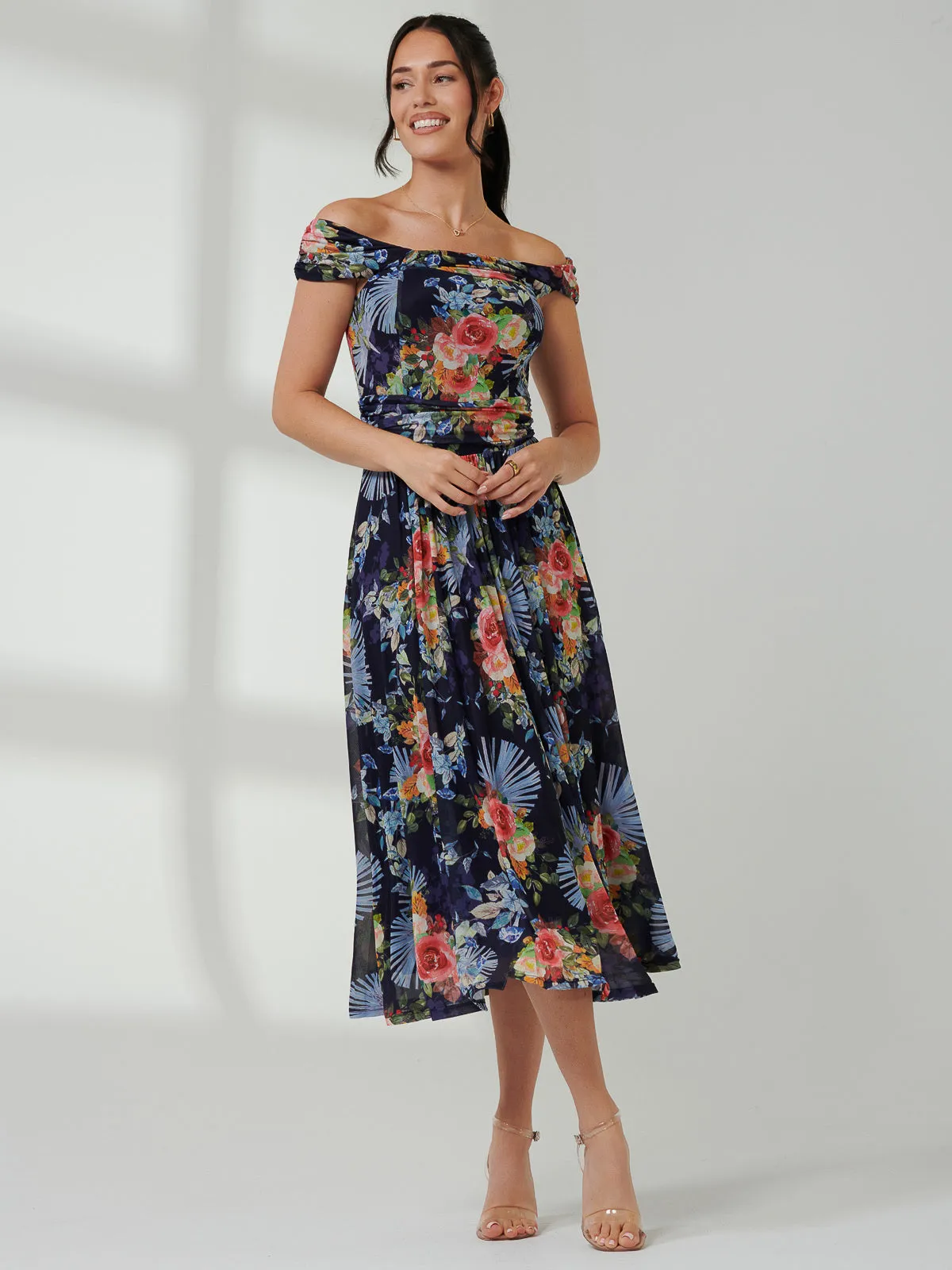 Rezka Off Shoulder Mesh Midi Dress, Navy Floral