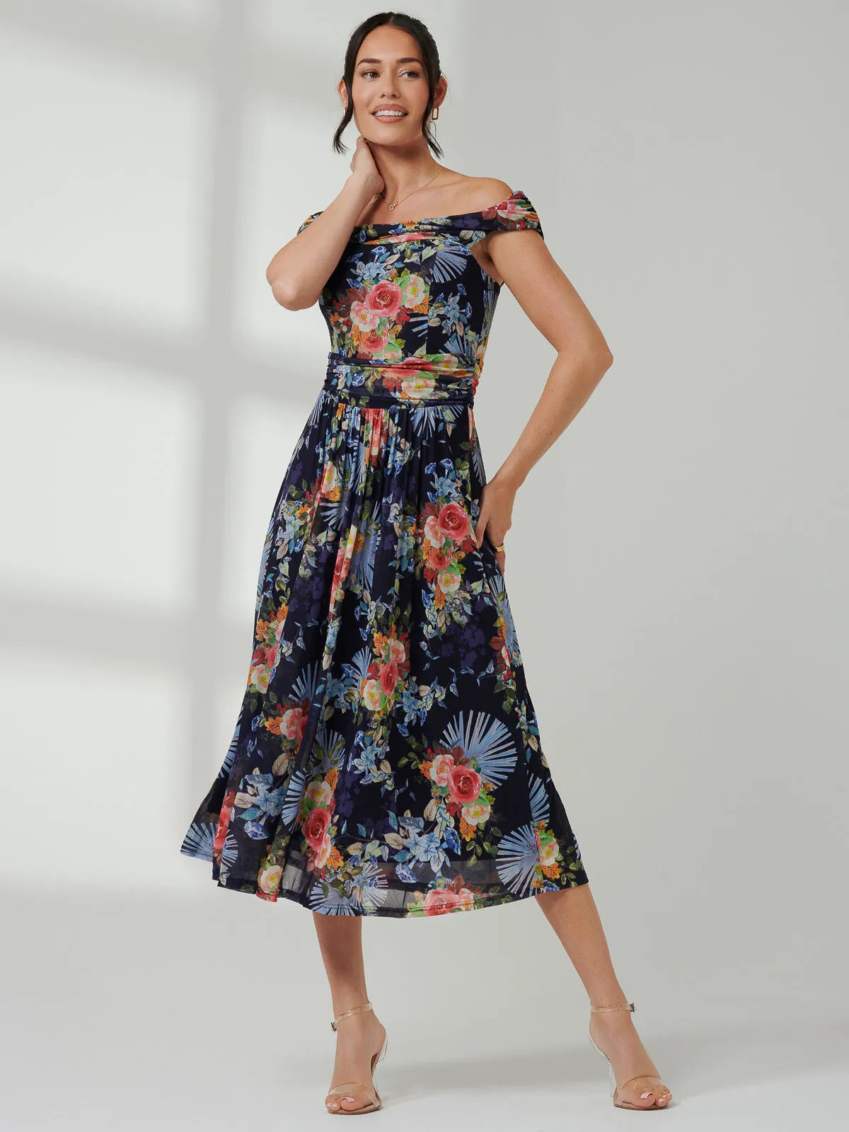 Rezka Off Shoulder Mesh Midi Dress, Navy Floral