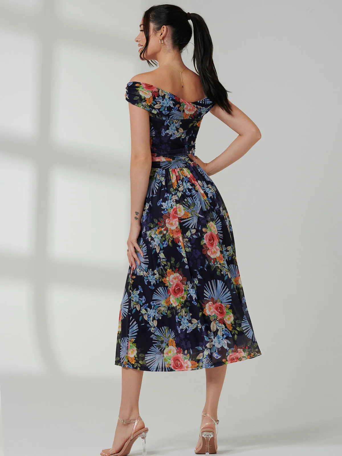 Rezka Off Shoulder Mesh Midi Dress, Navy Floral