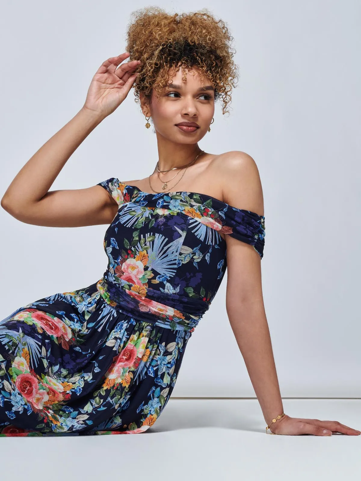 Rezka Off Shoulder Mesh Midi Dress, Navy Floral