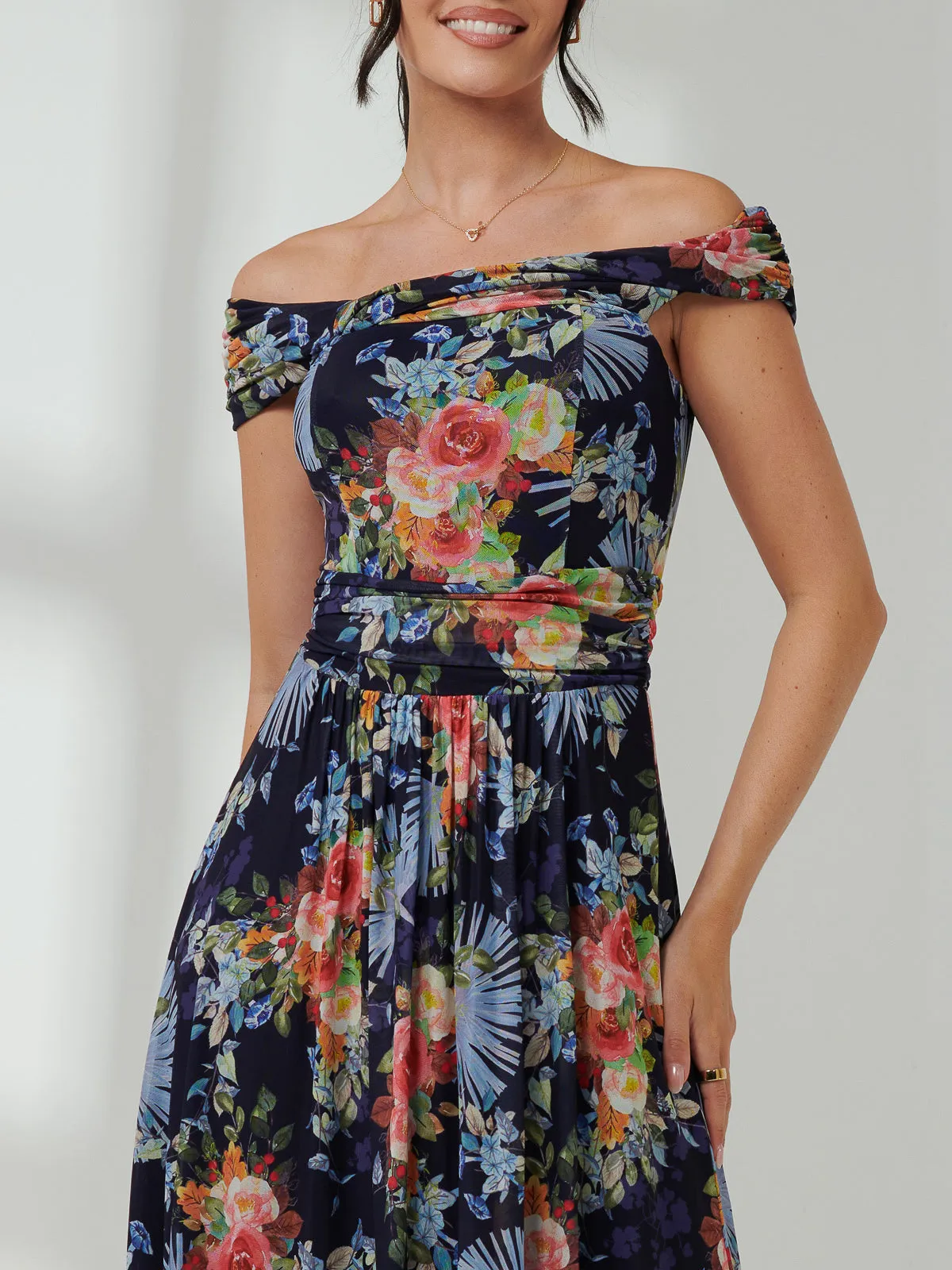 Rezka Off Shoulder Mesh Midi Dress, Navy Floral