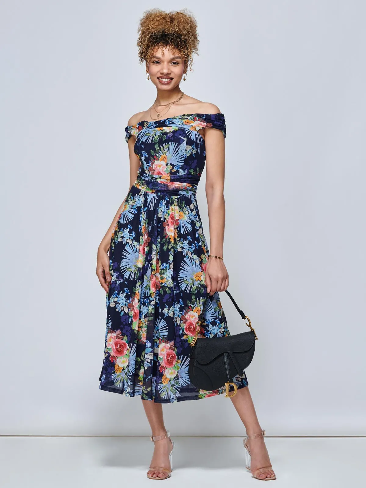 Rezka Off Shoulder Mesh Midi Dress, Navy Floral