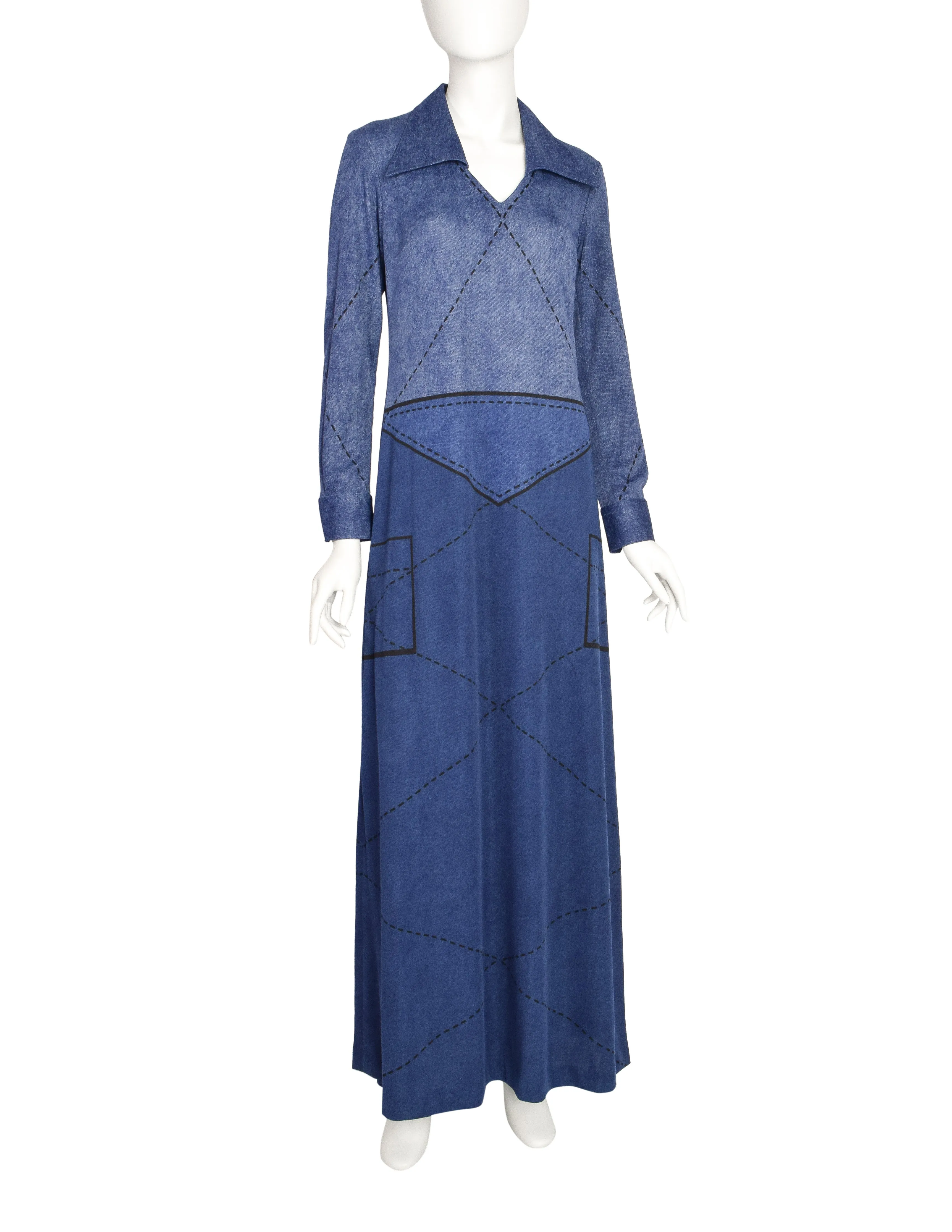 Roberta di Camerino Vintage Denim Look Trompe L'oeil Maxi Dress