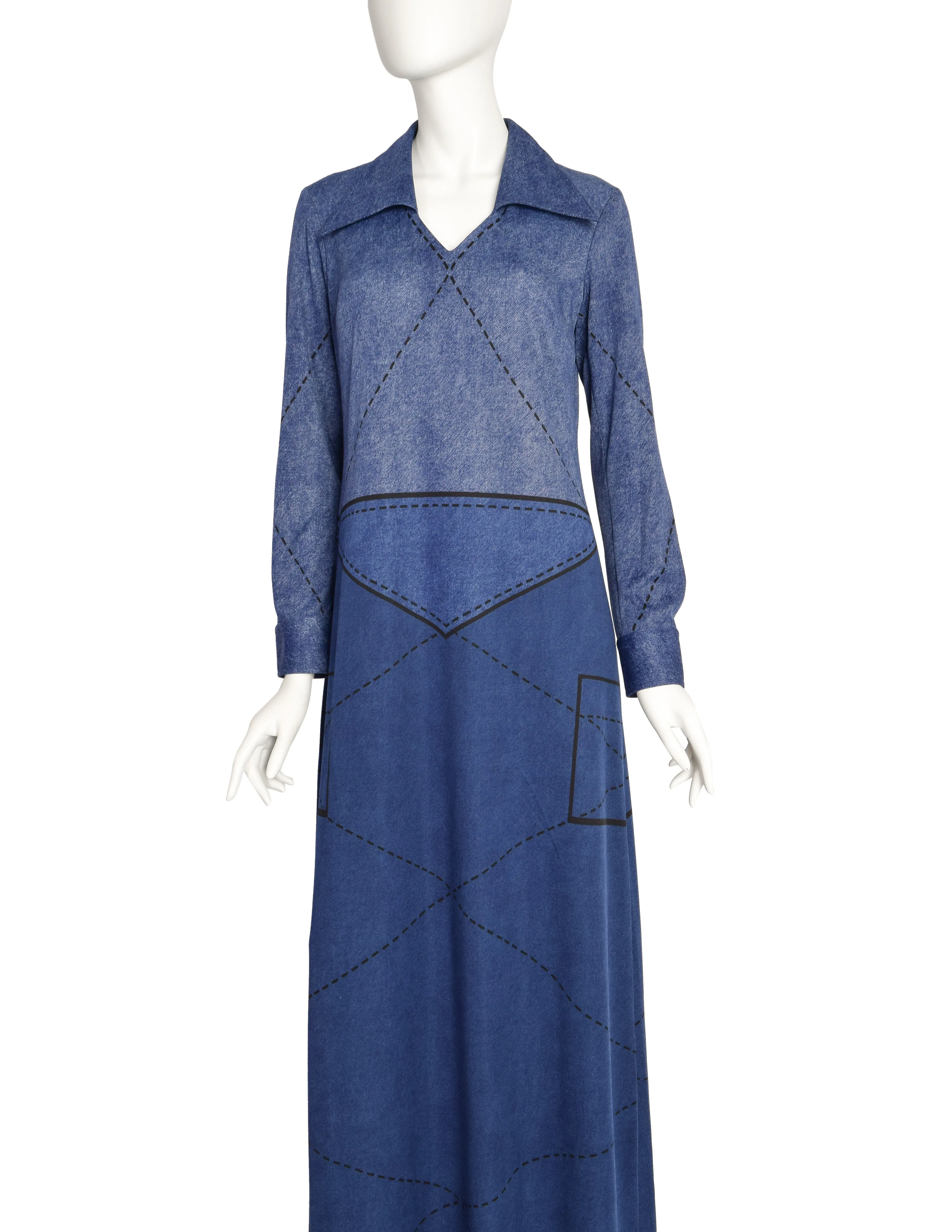 Roberta di Camerino Vintage Denim Look Trompe L'oeil Maxi Dress