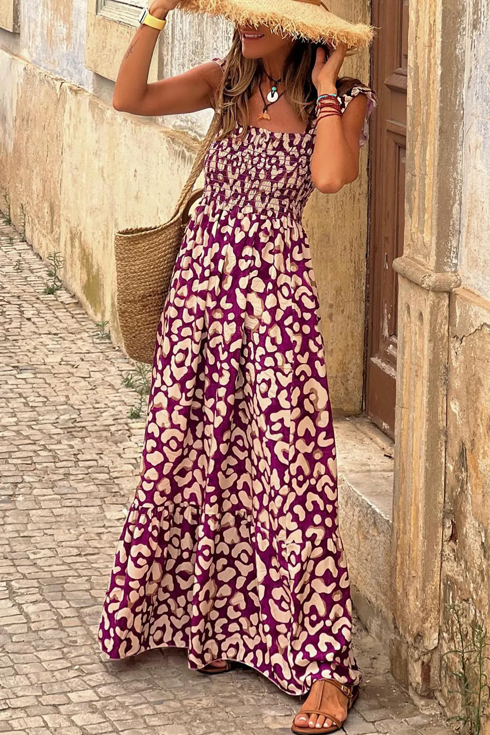 Rose Leopard Ruffle Straps Smocked High Waist Maxi Dress