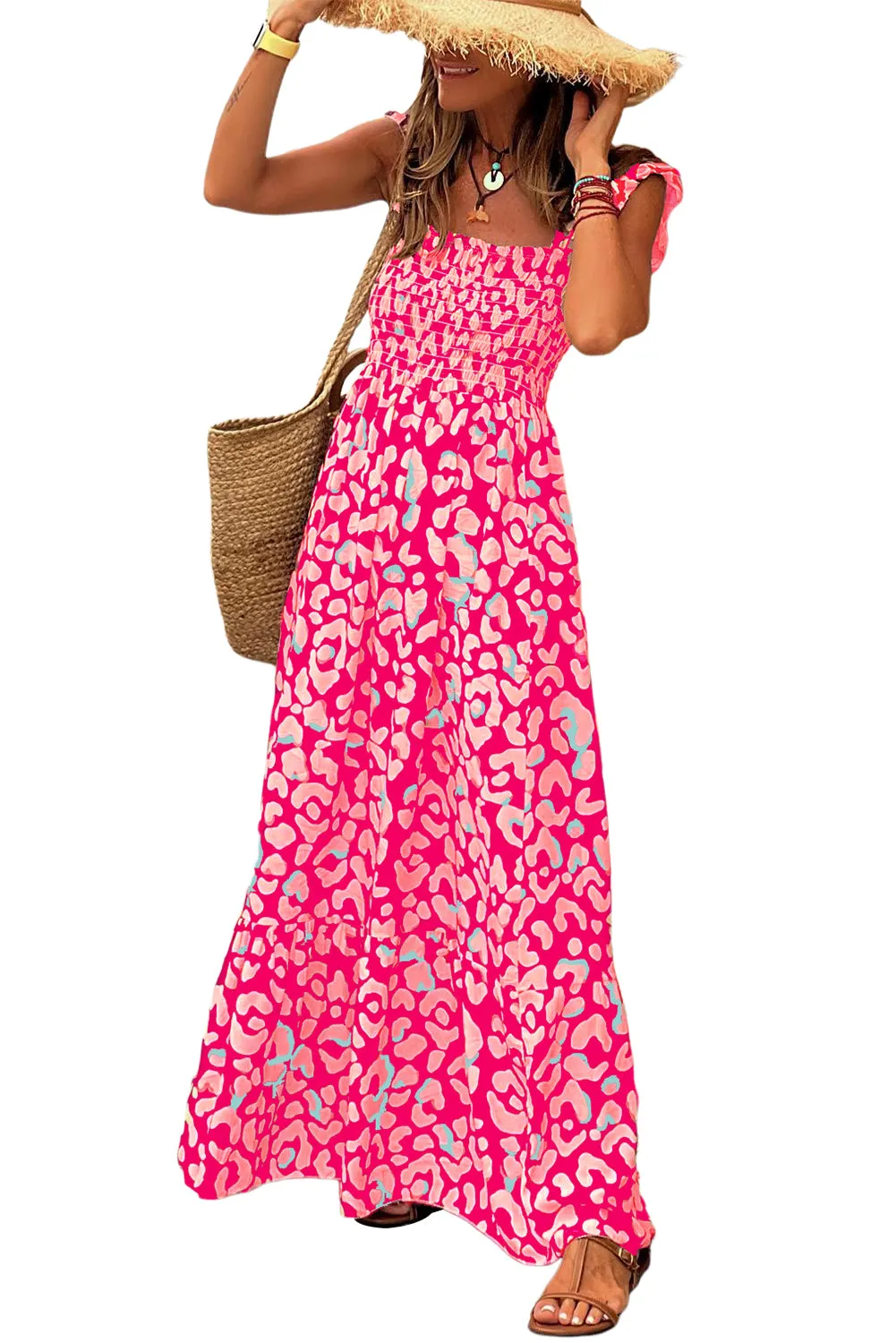 Rose Leopard Ruffle Straps Smocked High Waist Maxi Dress