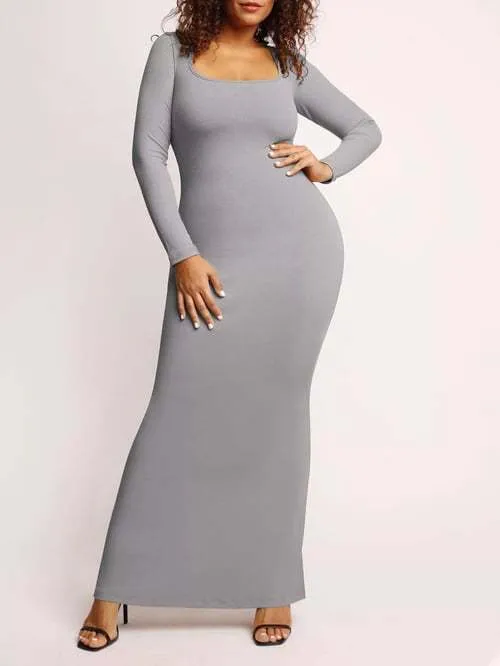 Round Neck Sleeved Slim Fitting Long Dress