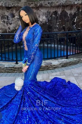 Royal Blue Long Sleeves Unique Sequin Mermaid Prom Dress