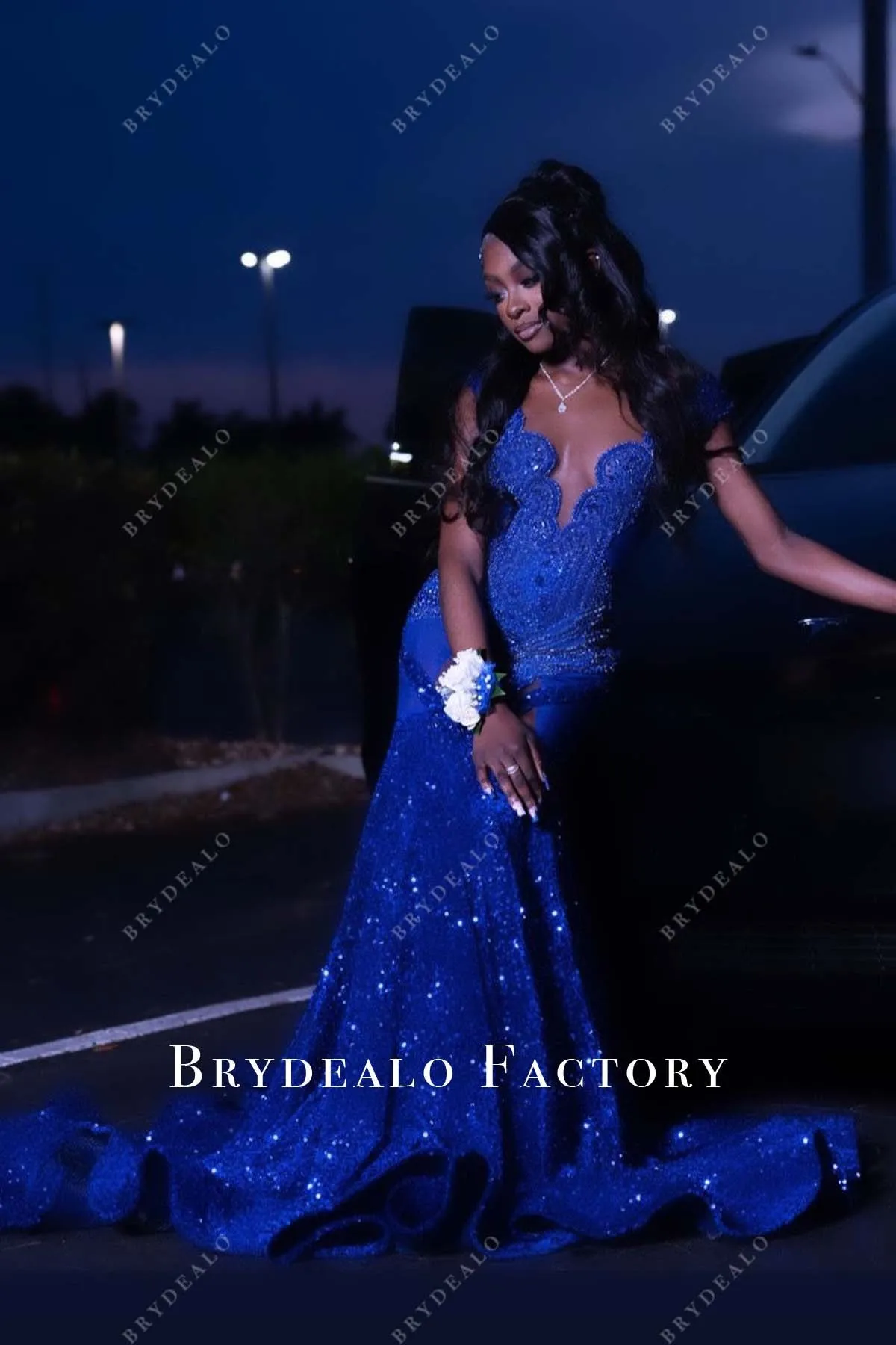 Royal Blue Rhinestone Sequin Horsehair Chapel Train Prom Dress