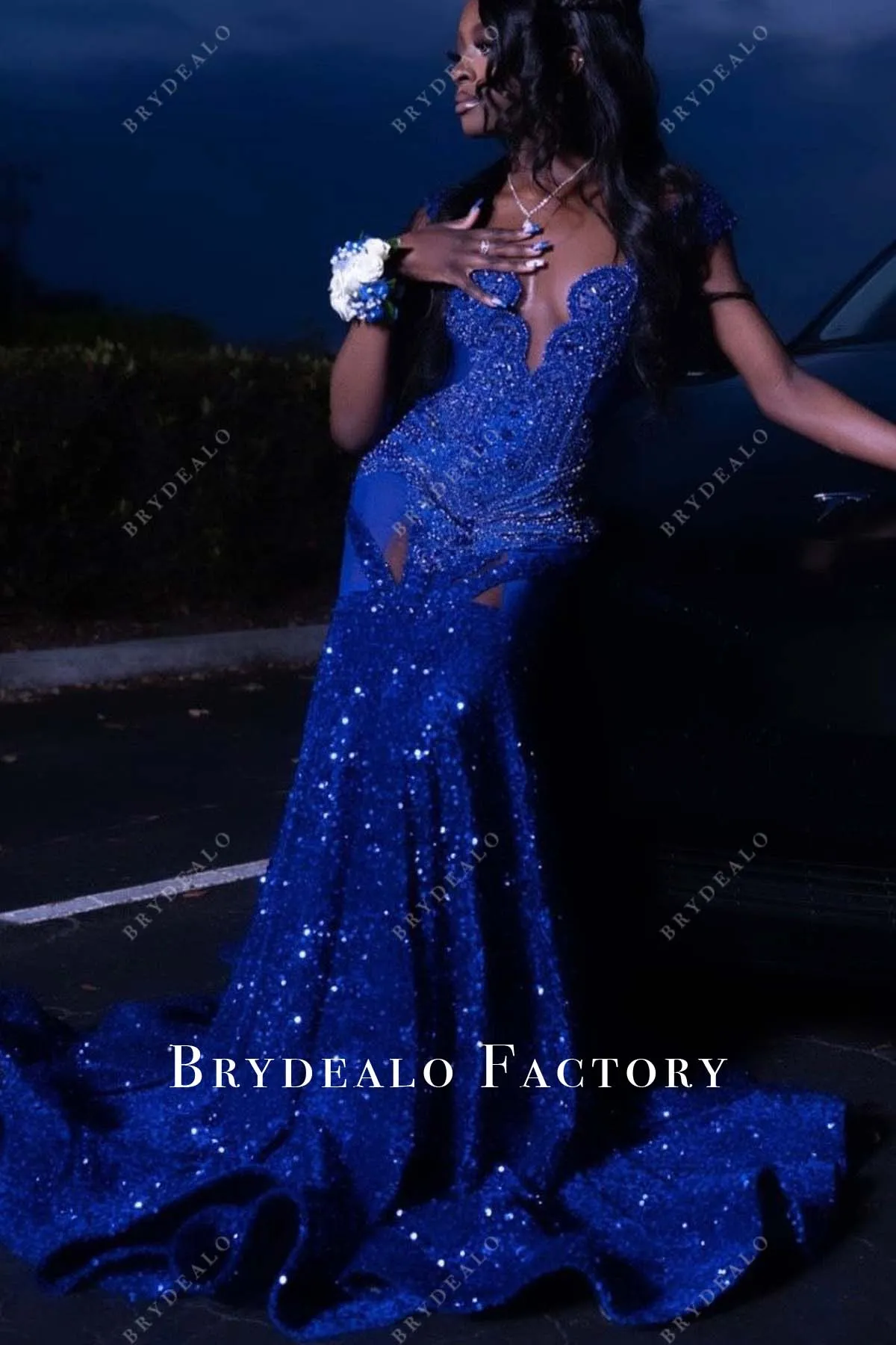 Royal Blue Rhinestone Sequin Horsehair Chapel Train Prom Dress