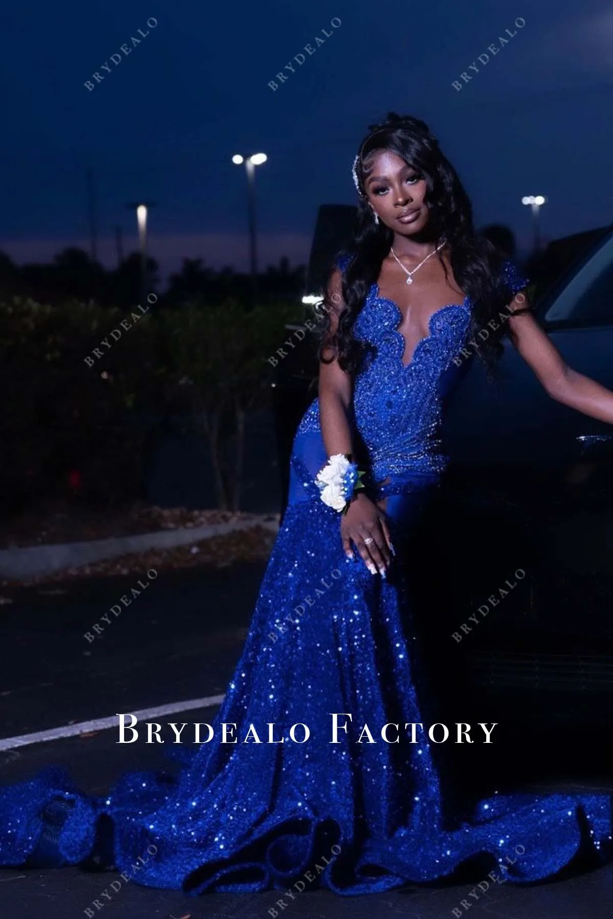 Royal Blue Rhinestone Sequin Horsehair Chapel Train Prom Dress