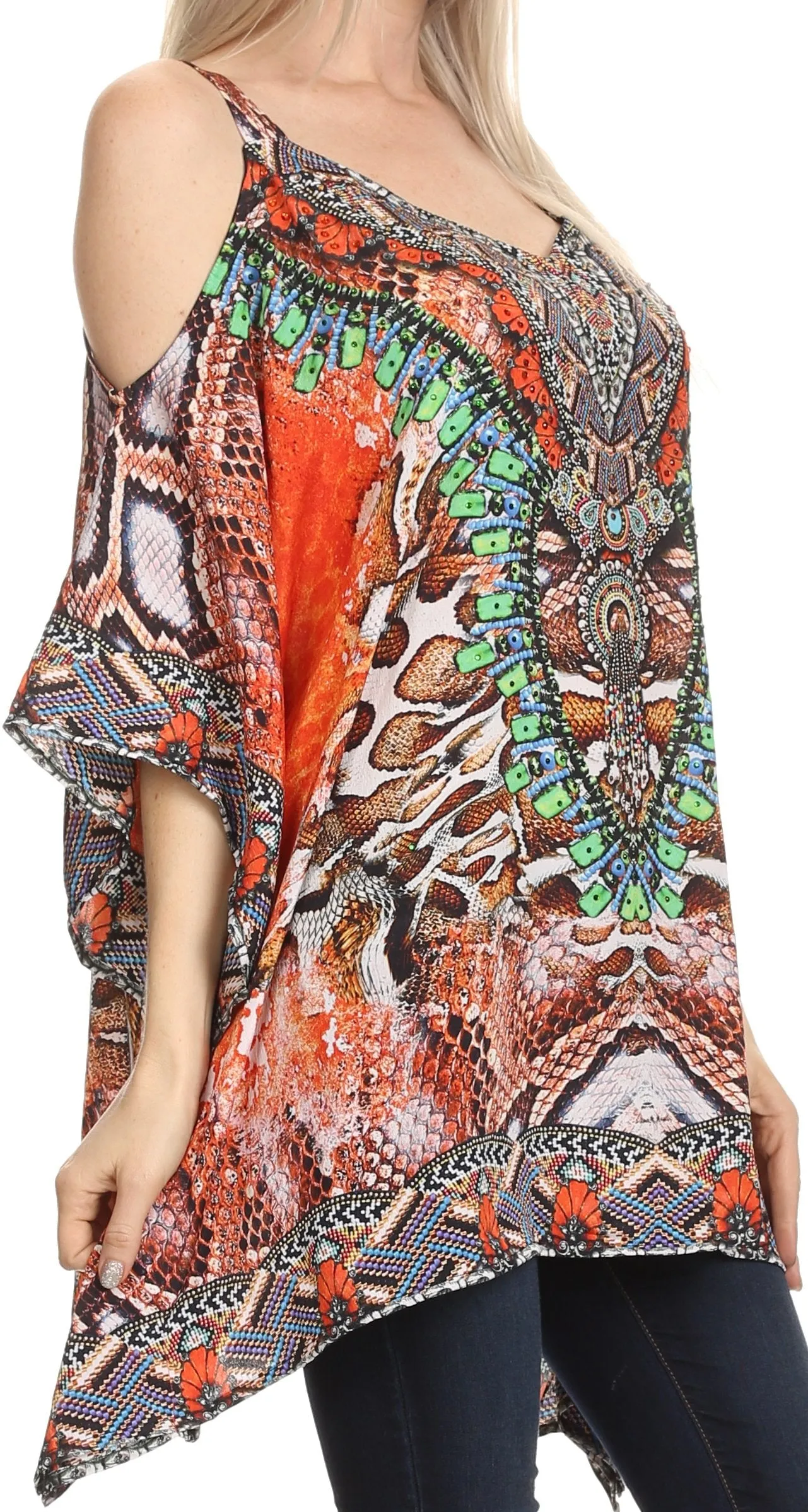 Sakkas Anya Printed Draped Short Sleeve Strap Cutout Shoulder V-Neck Kaftan Top