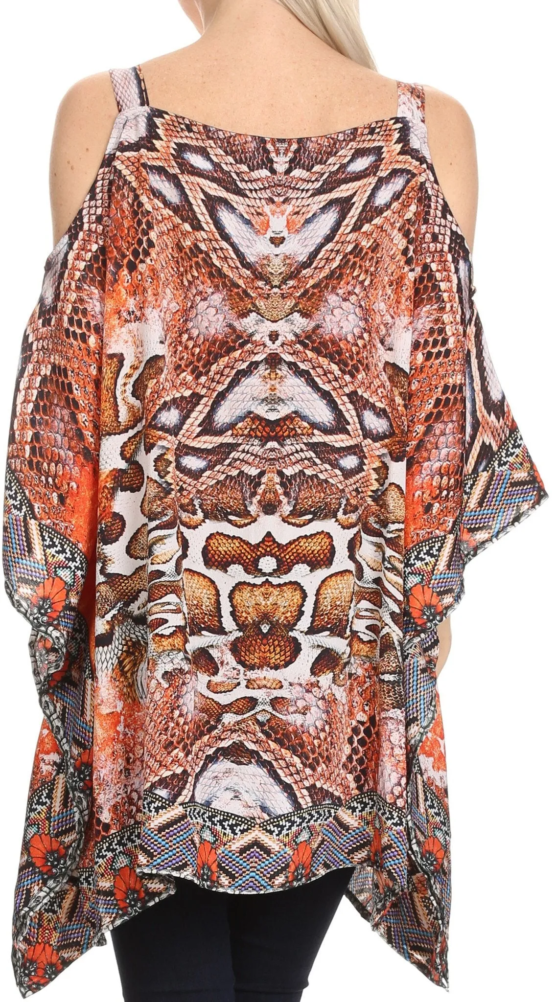 Sakkas Anya Printed Draped Short Sleeve Strap Cutout Shoulder V-Neck Kaftan Top