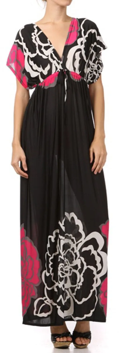 Sakkas Big Flower Graphic Print V-neck Cap Sleeve Empire Waist Long Dress