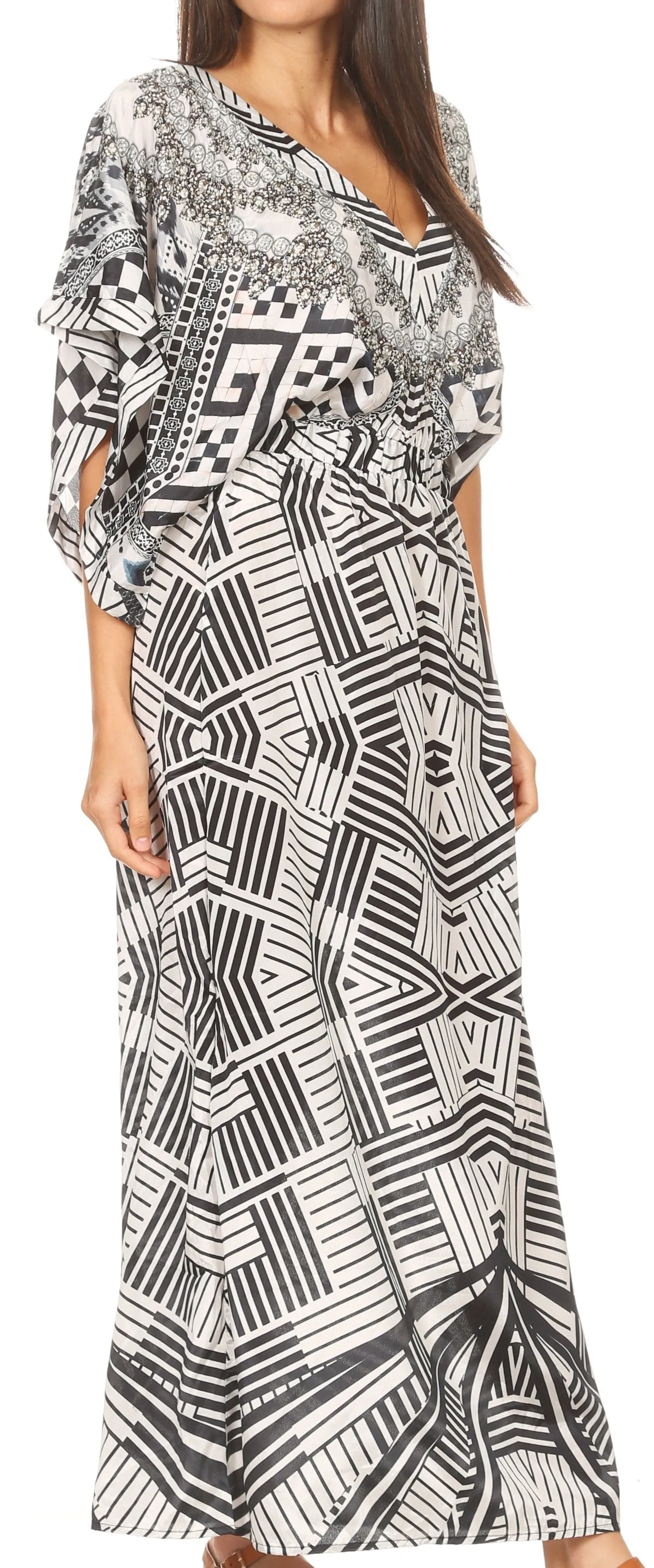 Sakkas Delma Women's Long Maxi Column V-neck Short Sleeve Slim Dress with Print