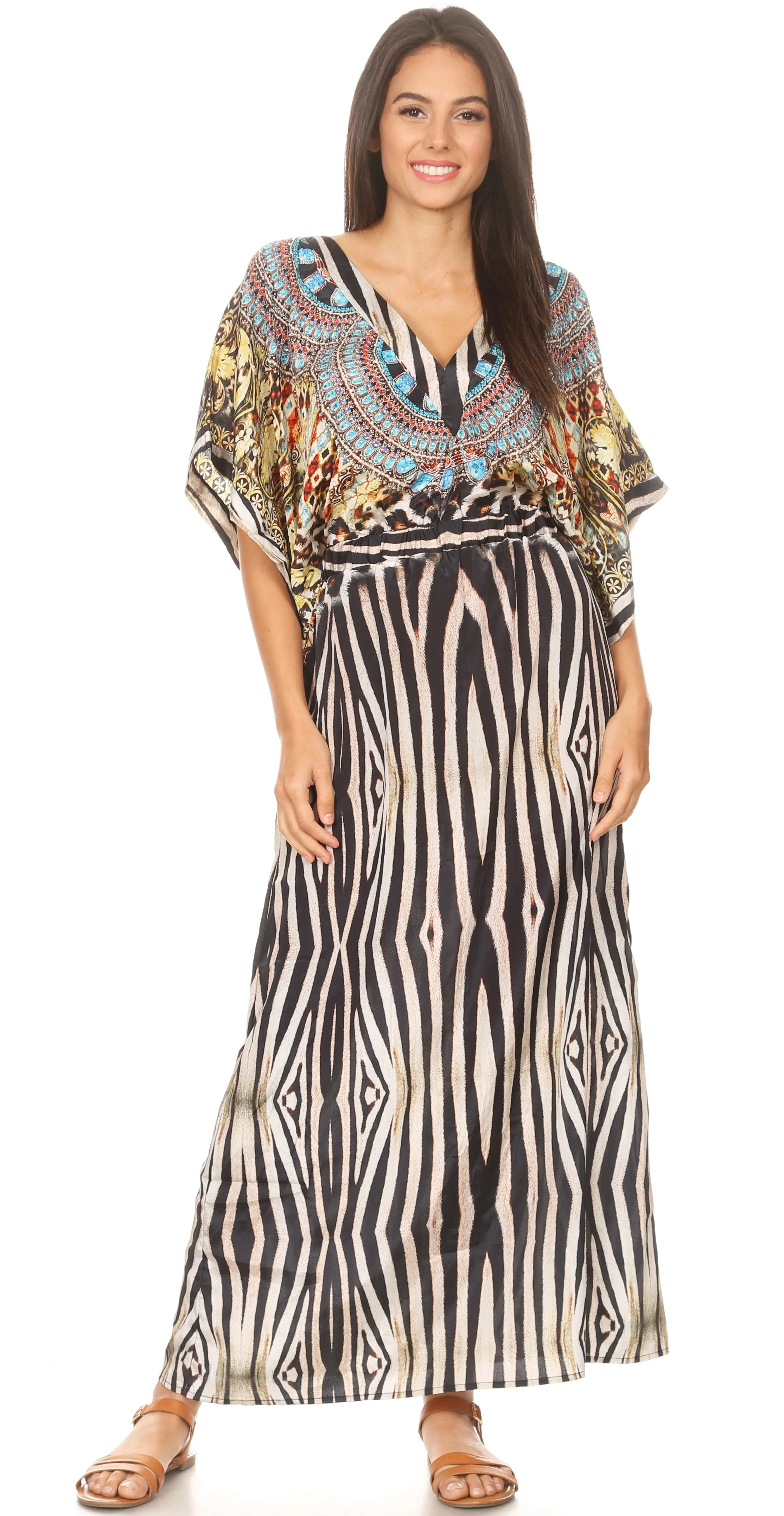 Sakkas Delma Women's Long Maxi Column V-neck Short Sleeve Slim Dress with Print