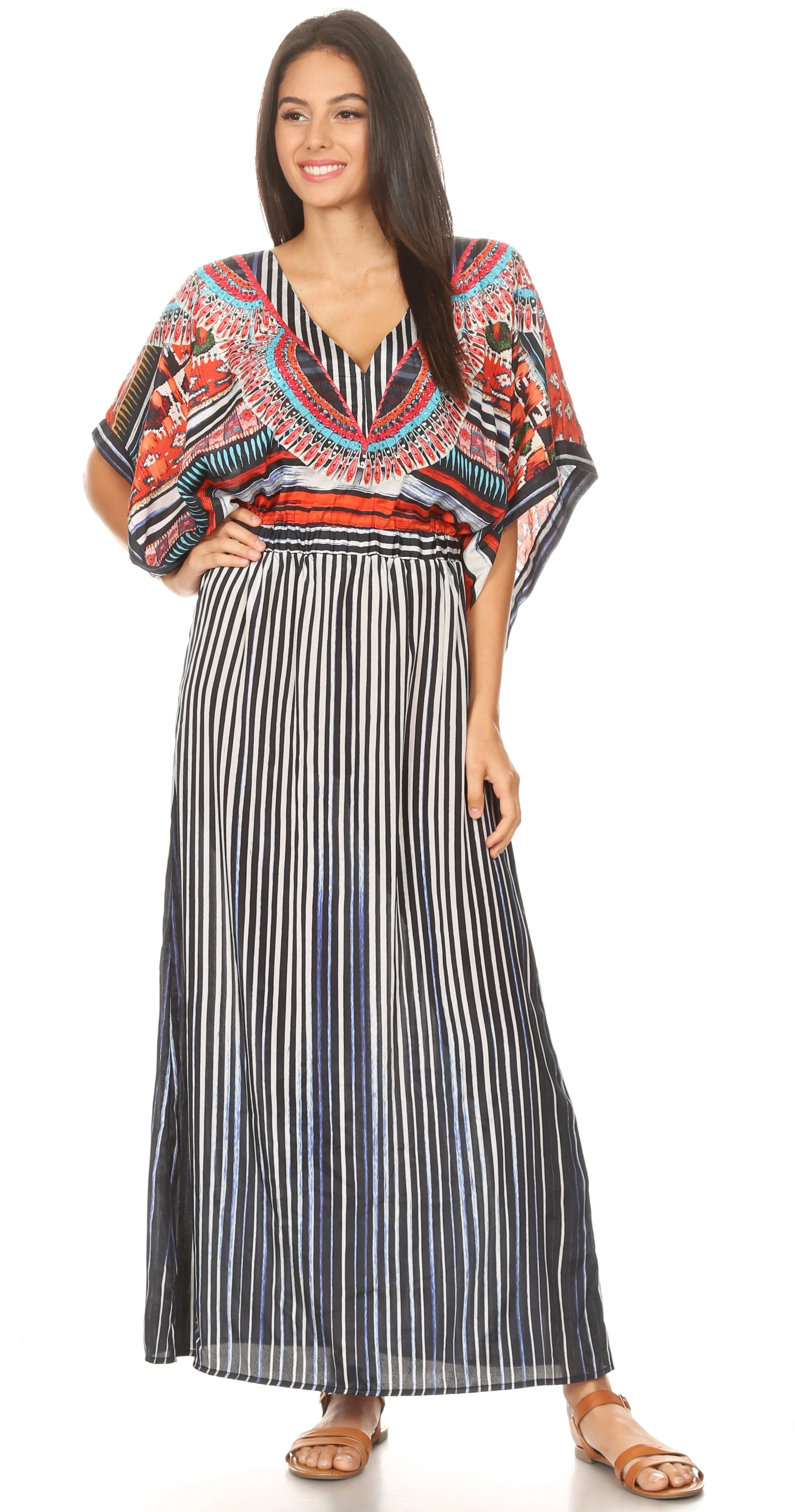 Sakkas Delma Women's Long Maxi Column V-neck Short Sleeve Slim Dress with Print