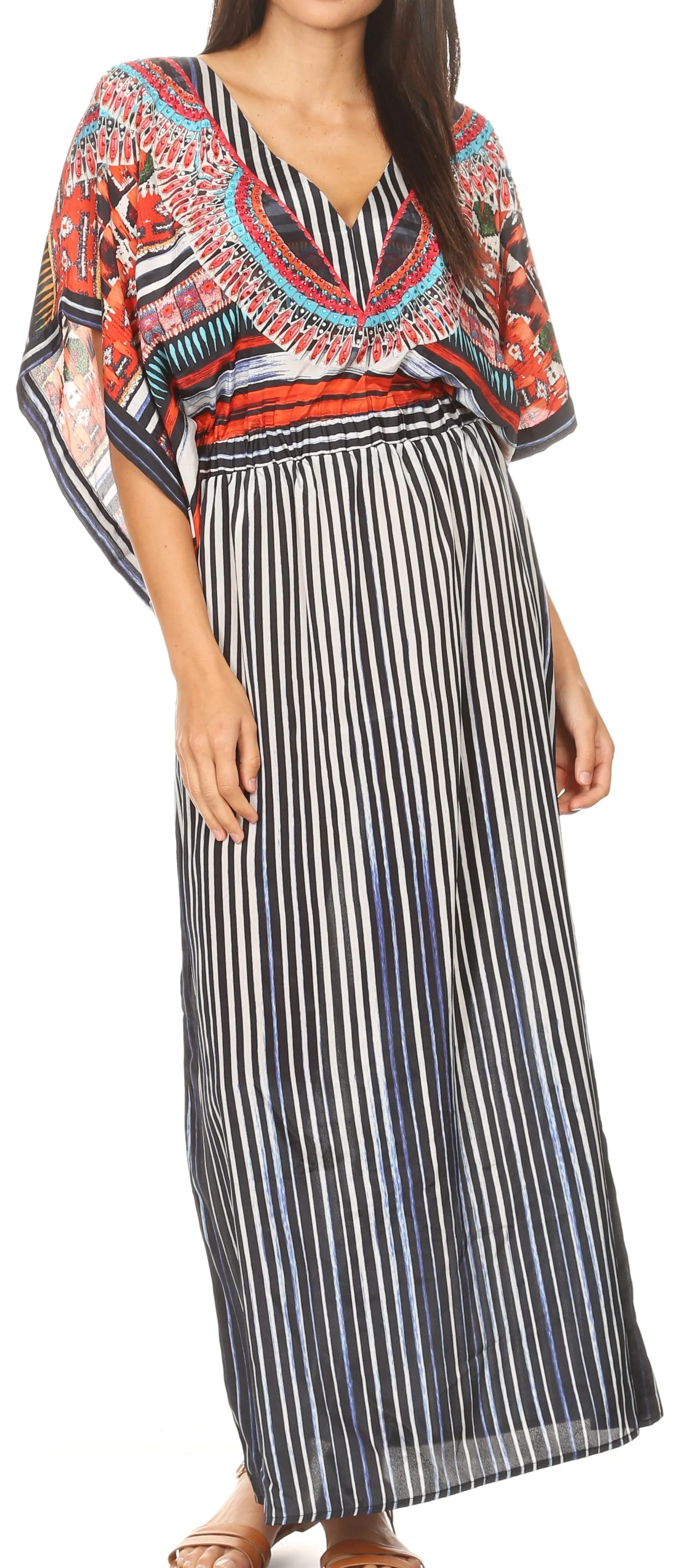 Sakkas Delma Women's Long Maxi Column V-neck Short Sleeve Slim Dress with Print