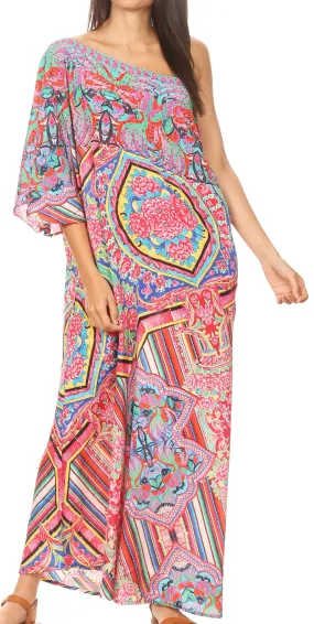 Sakkas Dora Women's One Shoulder Short Sleeve Casual Elegant Maxi Dress with Print