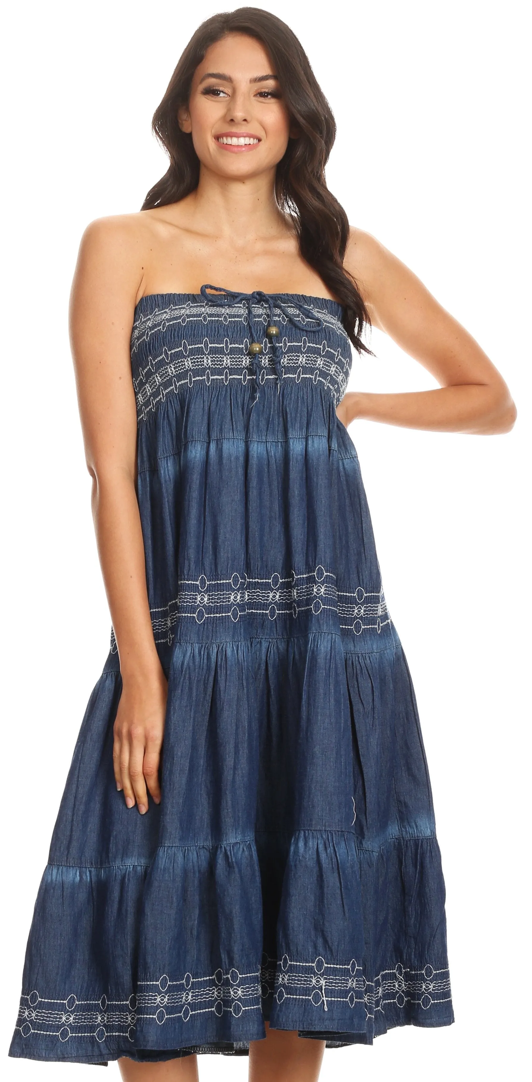 Sakkas Eliza Womens Denim Tube Top Dress Boho Strapless Sleeveless Chambray Maxi