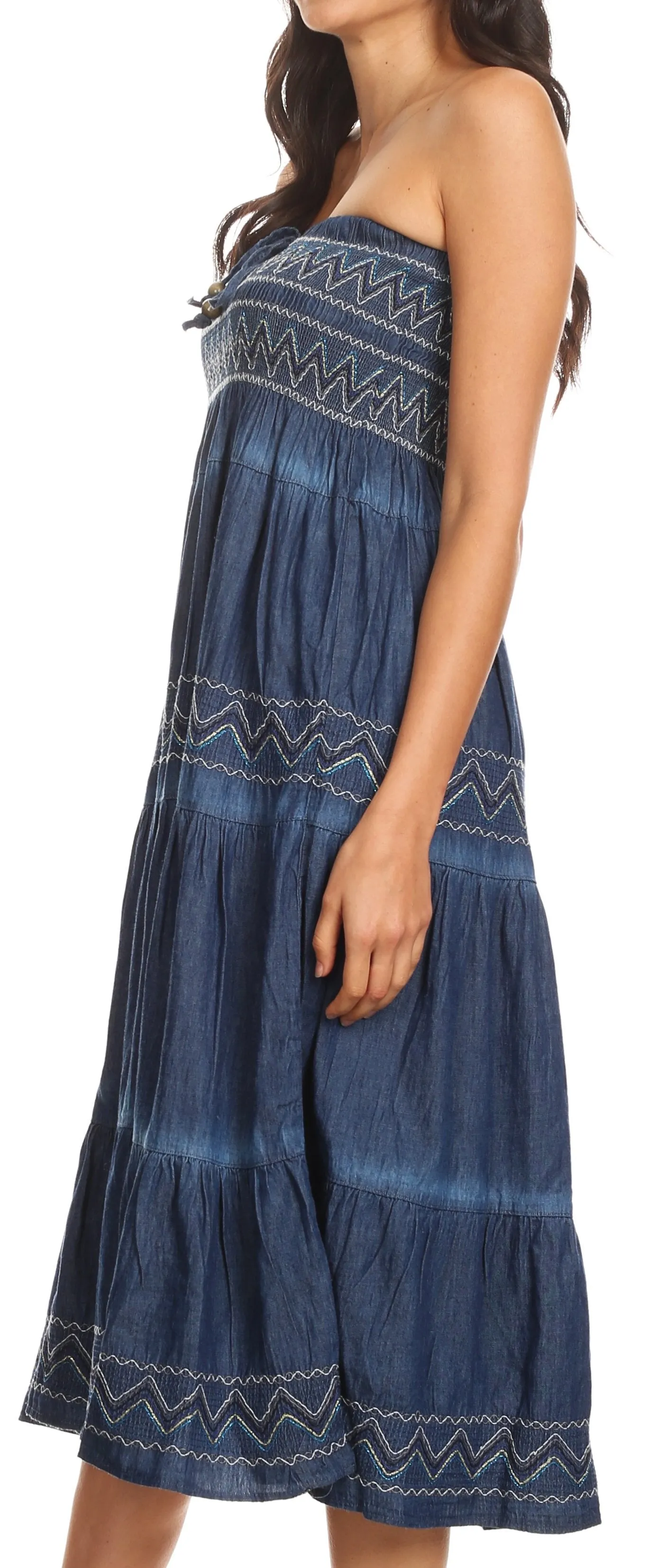 Sakkas Eliza Womens Denim Tube Top Dress Boho Strapless Sleeveless Chambray Maxi