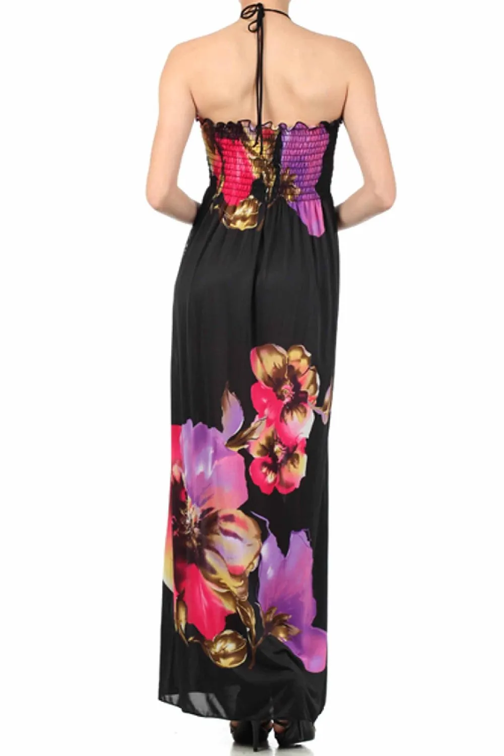 Sakkas Floral on Black Graphic Print Beaded Halter Smocked Bodice Maxi Dress