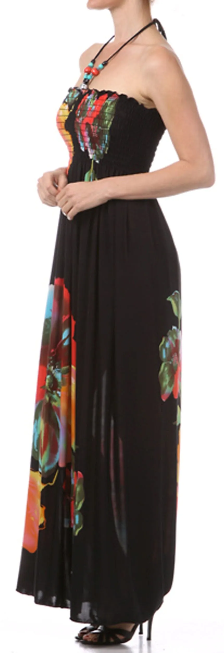 Sakkas Floral on Black Graphic Print Beaded Halter Smocked Bodice Maxi Dress