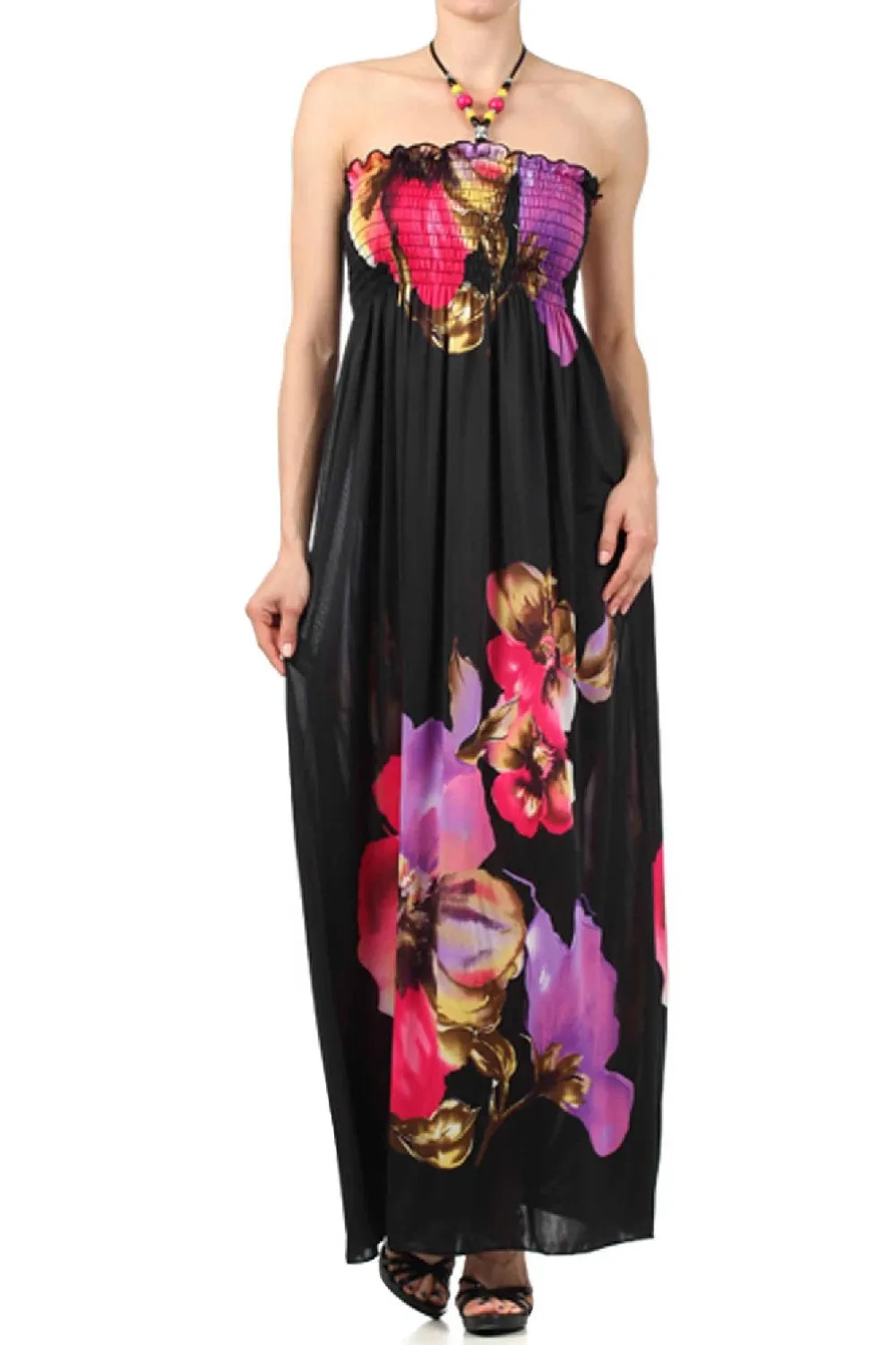 Sakkas Floral on Black Graphic Print Beaded Halter Smocked Bodice Maxi Dress