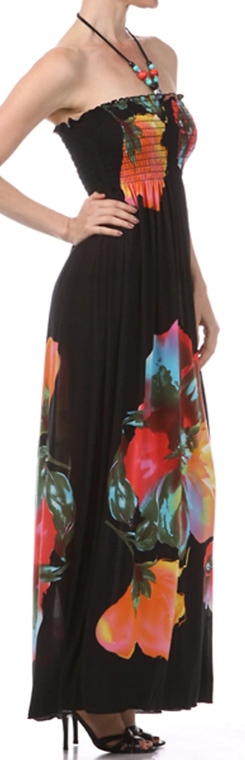 Sakkas Floral on Black Graphic Print Beaded Halter Smocked Bodice Maxi Dress