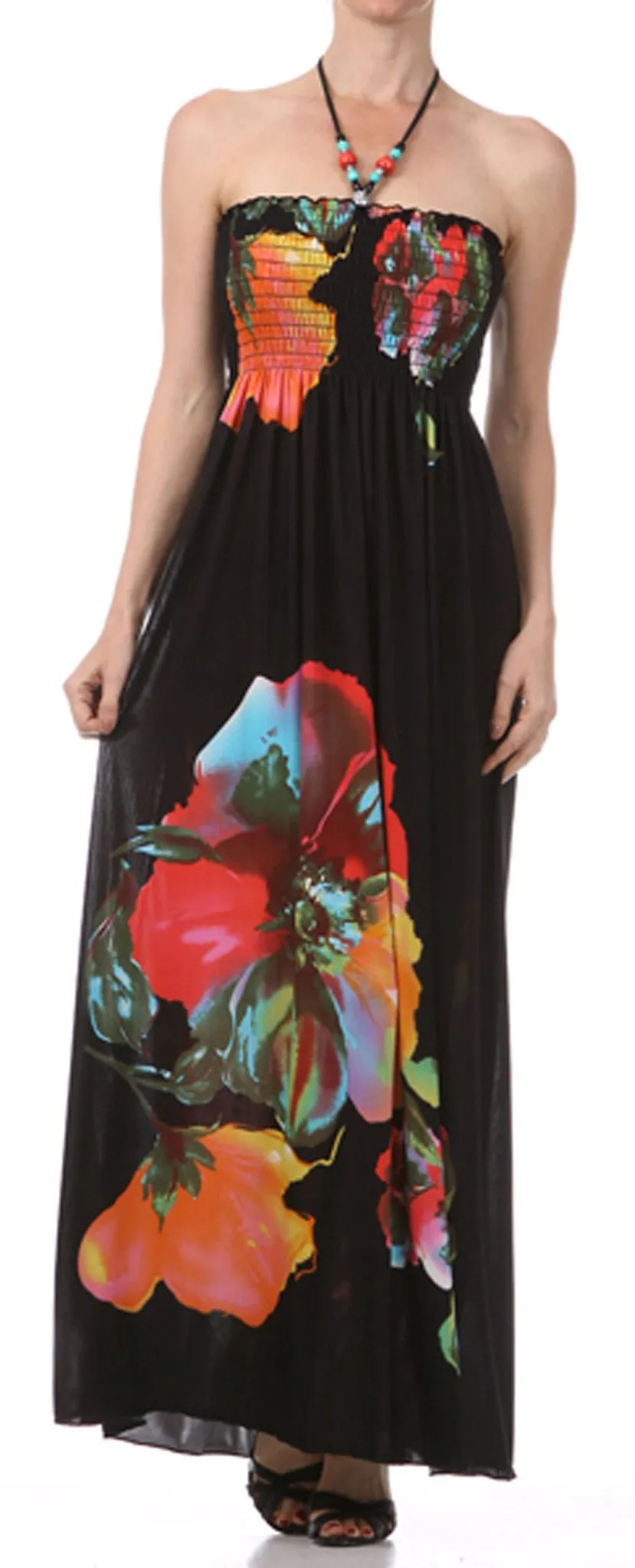 Sakkas Floral on Black Graphic Print Beaded Halter Smocked Bodice Maxi Dress