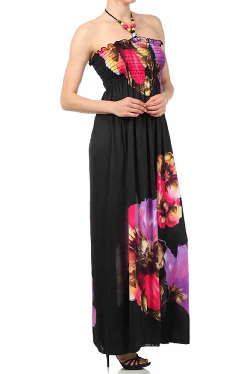 Sakkas Floral on Black Graphic Print Beaded Halter Smocked Bodice Maxi Dress