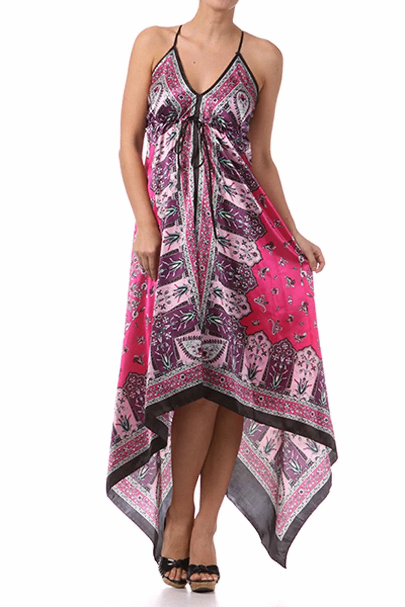 Sakkas FOHandkerchiefC-908 Silk Feel Handkerchief Hem Criss Cross Back Adjustable Maxi / Long Dress