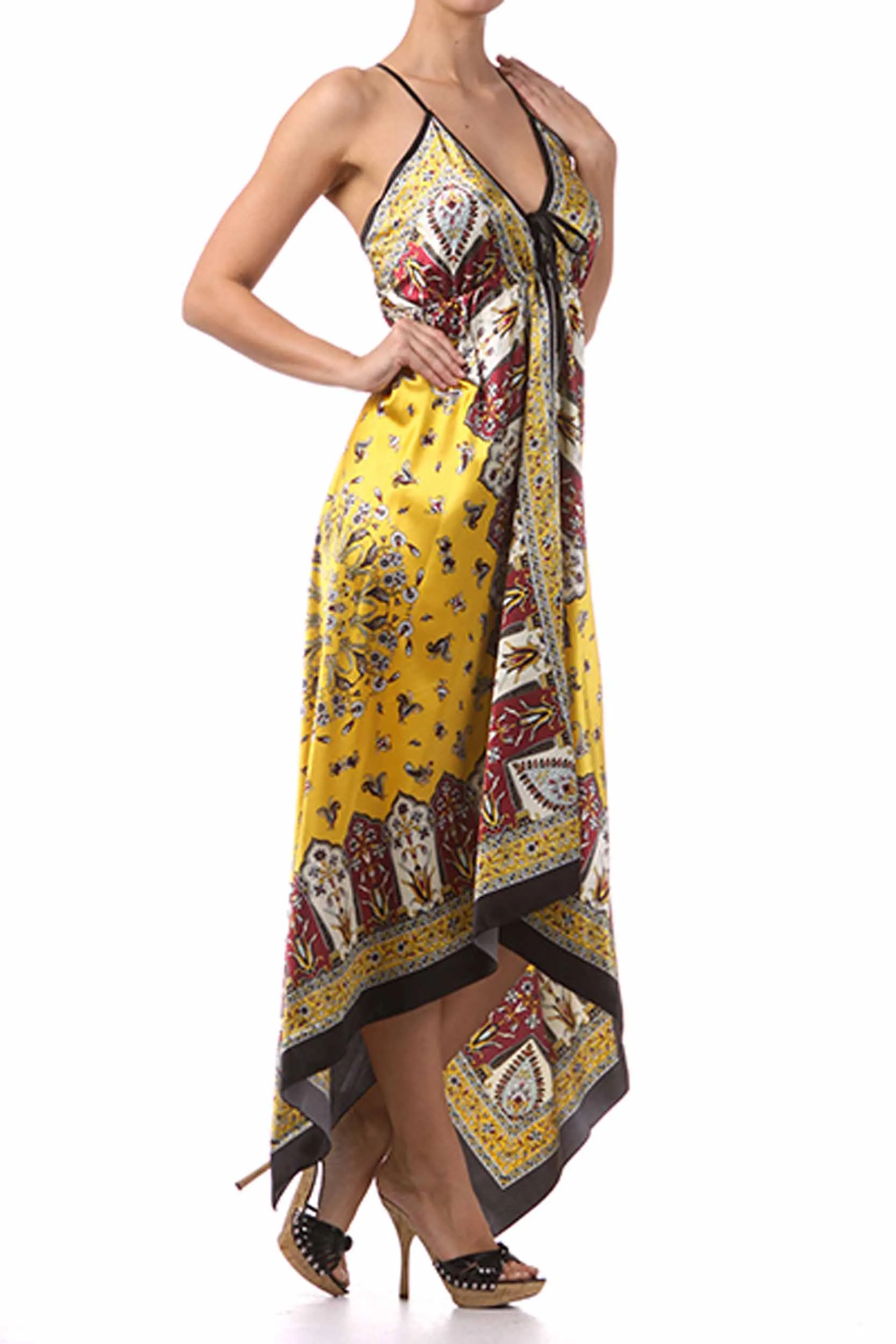 Sakkas FOHandkerchiefC-908 Silk Feel Handkerchief Hem Criss Cross Back Adjustable Maxi / Long Dress