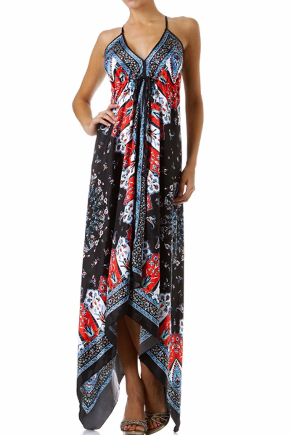 Sakkas FOHandkerchiefC-908 Silk Feel Handkerchief Hem Criss Cross Back Adjustable Maxi / Long Dress