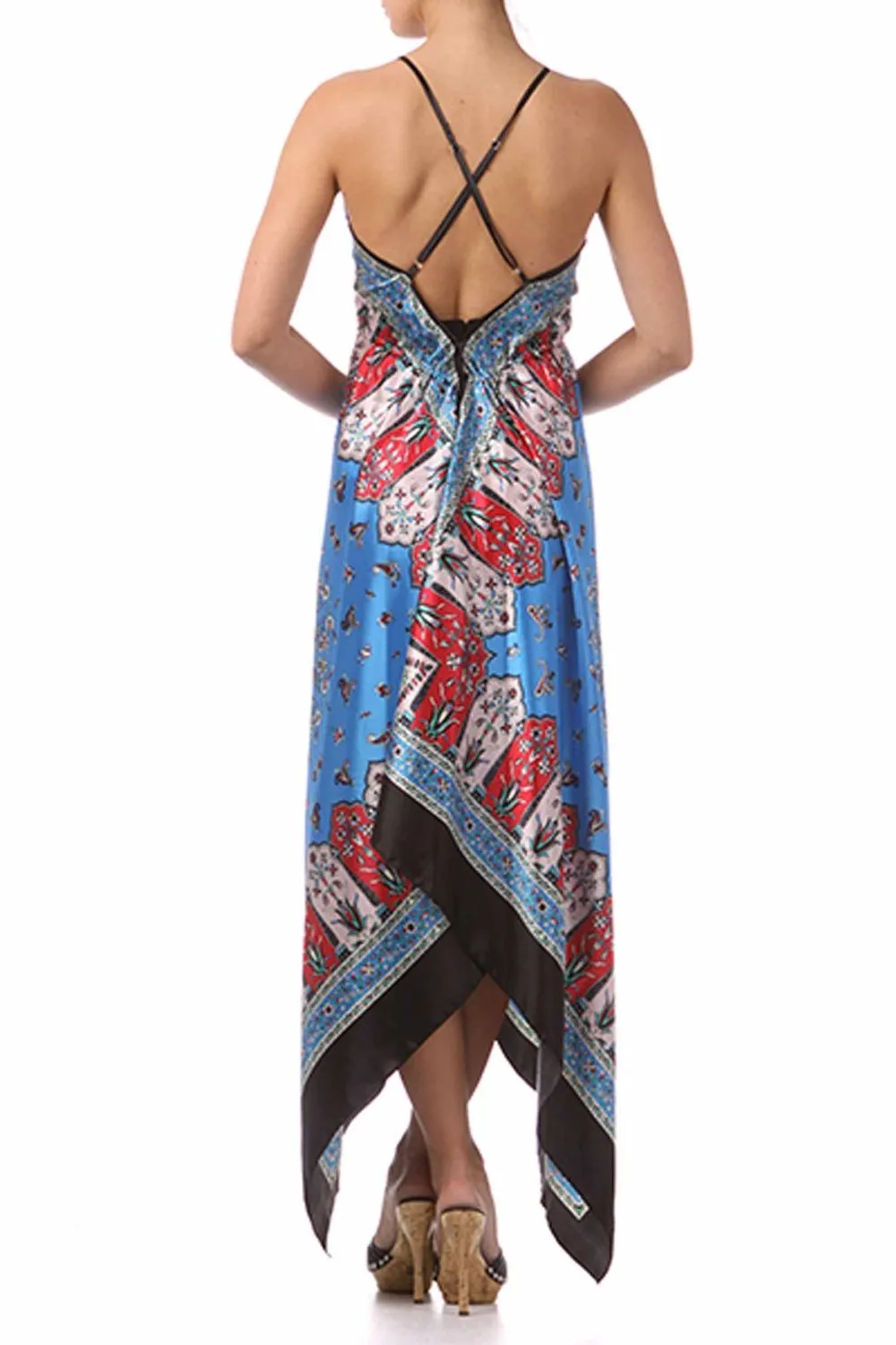 Sakkas FOHandkerchiefC-908 Silk Feel Handkerchief Hem Criss Cross Back Adjustable Maxi / Long Dress