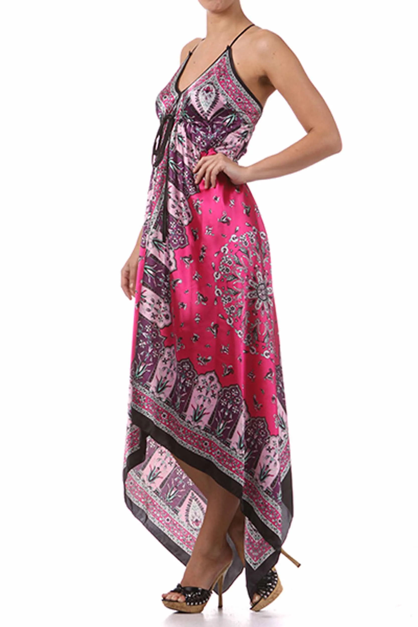 Sakkas FOHandkerchiefC-908 Silk Feel Handkerchief Hem Criss Cross Back Adjustable Maxi / Long Dress