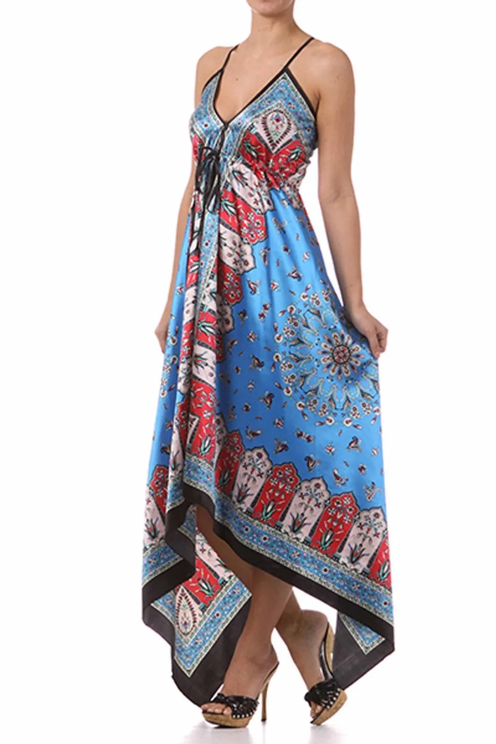 Sakkas FOHandkerchiefC-908 Silk Feel Handkerchief Hem Criss Cross Back Adjustable Maxi / Long Dress