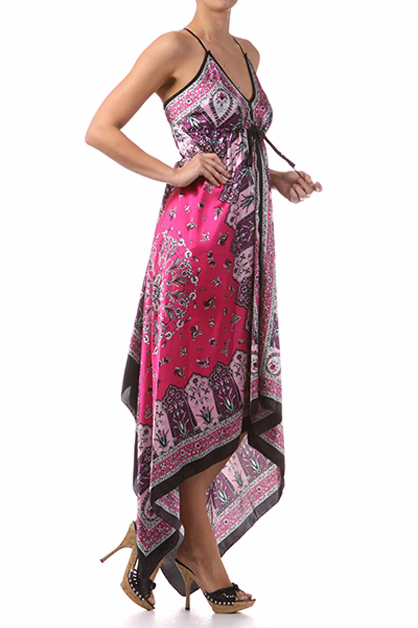 Sakkas FOHandkerchiefC-908 Silk Feel Handkerchief Hem Criss Cross Back Adjustable Maxi / Long Dress