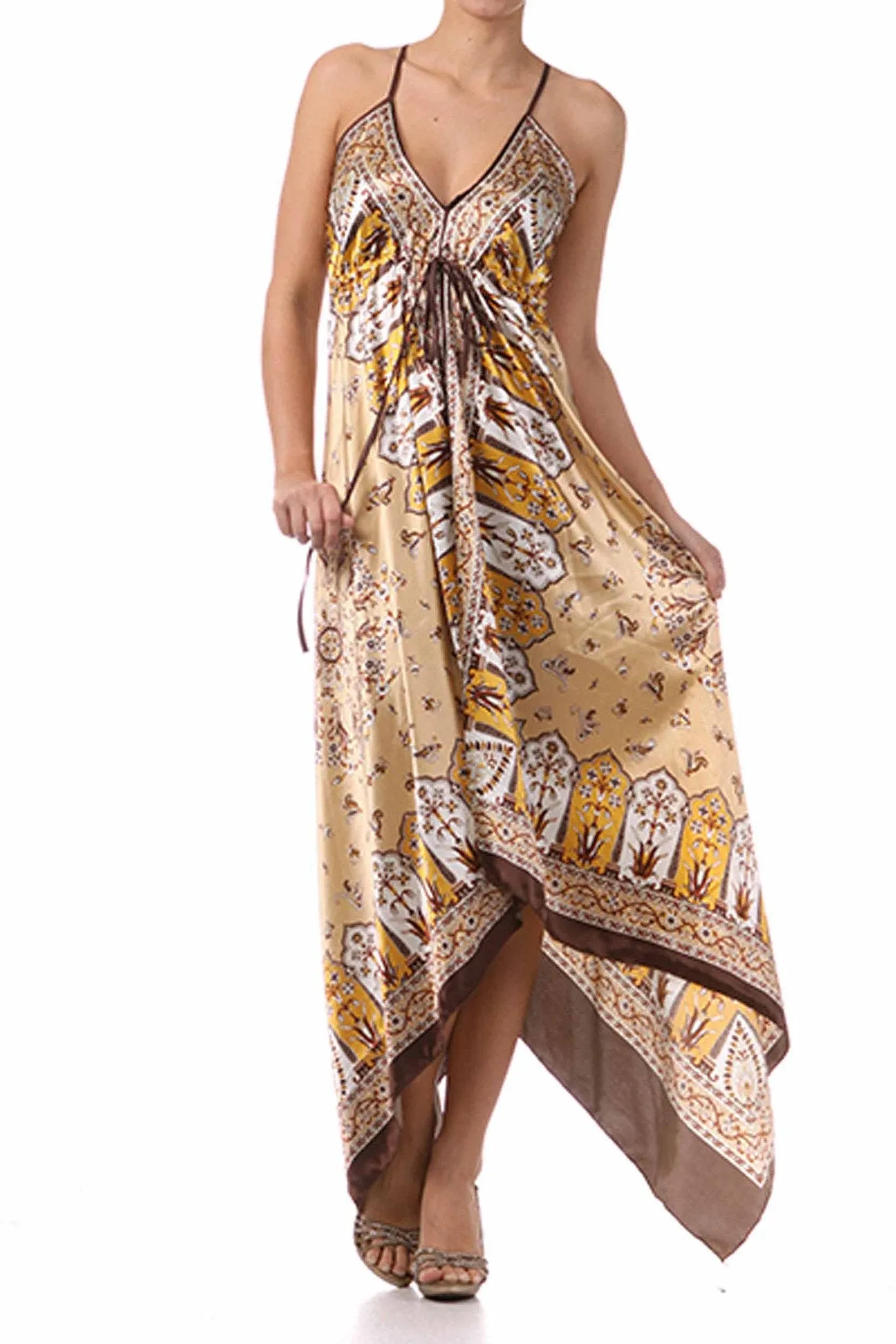 Sakkas FOHandkerchiefC-908 Silk Feel Handkerchief Hem Criss Cross Back Adjustable Maxi / Long Dress