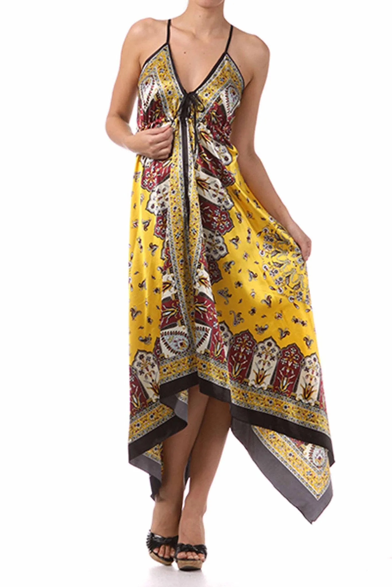 Sakkas FOHandkerchiefC-908 Silk Feel Handkerchief Hem Criss Cross Back Adjustable Maxi / Long Dress